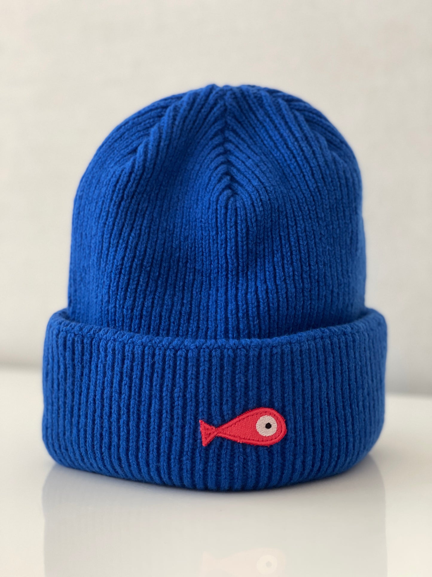The collection of soft, colorful, and warm beanies crafted from luxurious lambswool yarn. Embrace comfort and style with these lovely accessories available in four captivating colors: Pink, Blue, Vibrant Mint, and Light Grey. Each beanie features a unique fish patch, adding a touch of charm and playfulness.  Front
