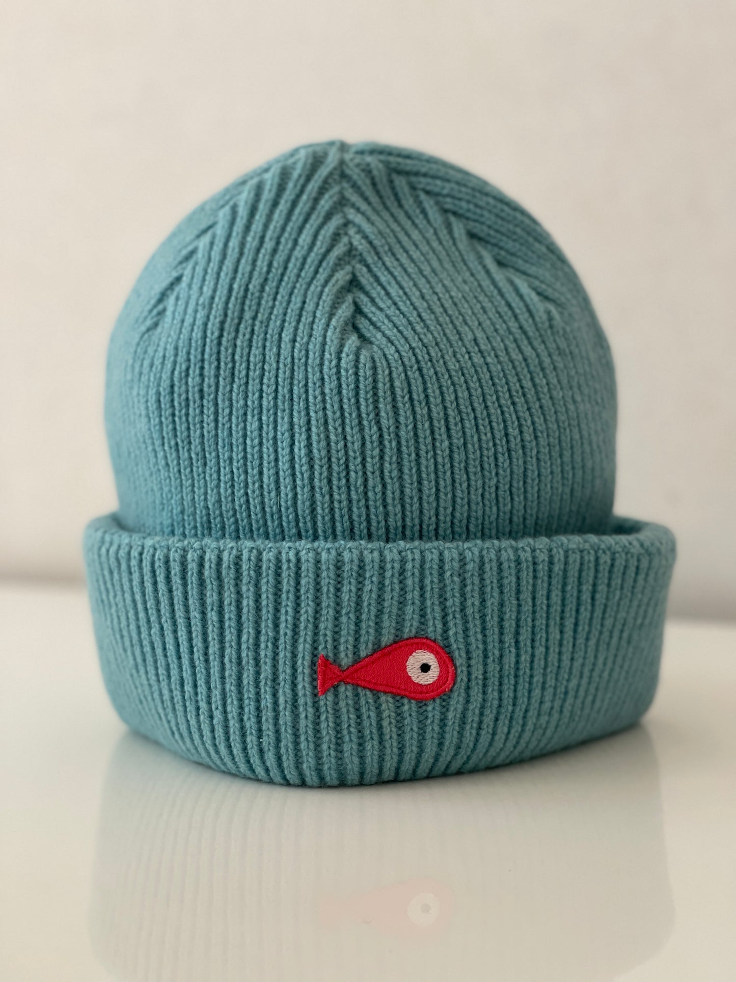 The collection of soft, colorful, and warm beanies crafted from luxurious lambswool yarn. Embrace comfort and style with these lovely accessories available in four captivating colors: Pink, Blue, Vibrant Mint, and Light Grey. Each beanie features a unique fish patch, adding a touch of charm and playfulness.  Front